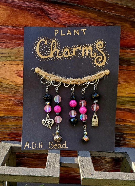 Plant Charms #36, 5 Piece Set, Hot Pink Marble, Black,Opal-ish, Glass,Silver Heart and Lock Trinkets