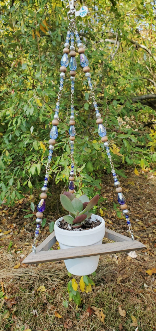 Miniature Plant Hanger #259- Blue Ombre Drops, Glass, Wood, Acrylic, Chain