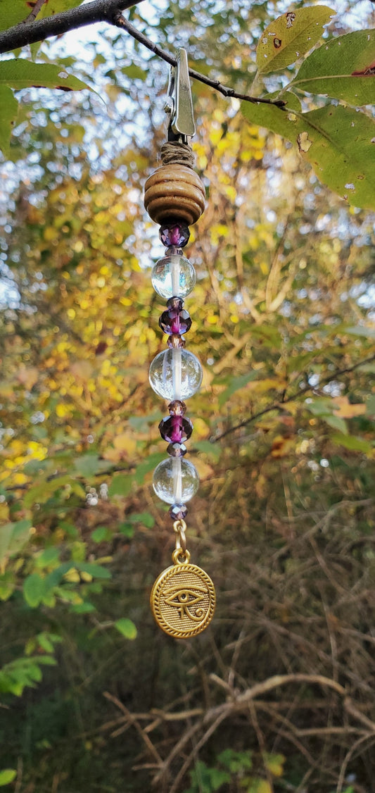 Clip #29-Purple and Clear Rainbow Mermaid Magic Moonstone Glass, Wood, Gold Eye of Horus