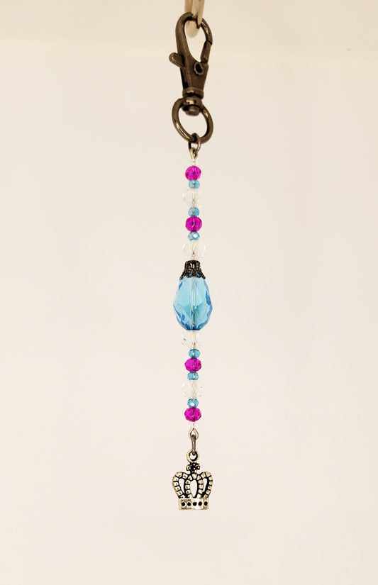 Doodad #218- Aqua Blue, Hot Magenta Pink, Crystal Clear Gems with Silver Accent and Crown Trinket
