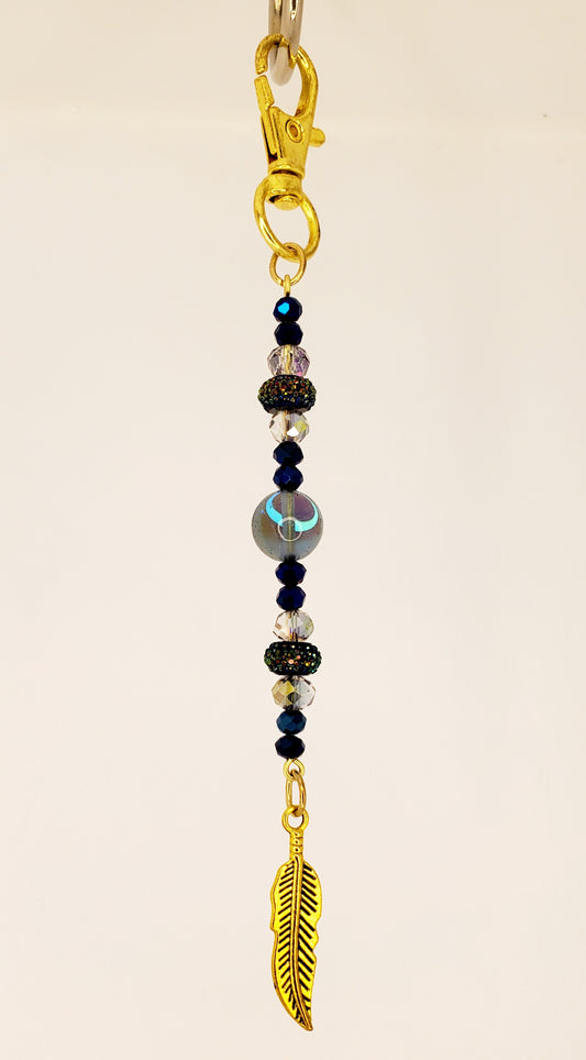 Doodad #219- Metallic Blue, Rose Green Rainbow Rhinestone Gray Magic Moonstone Glass with Gold Feather Trinket