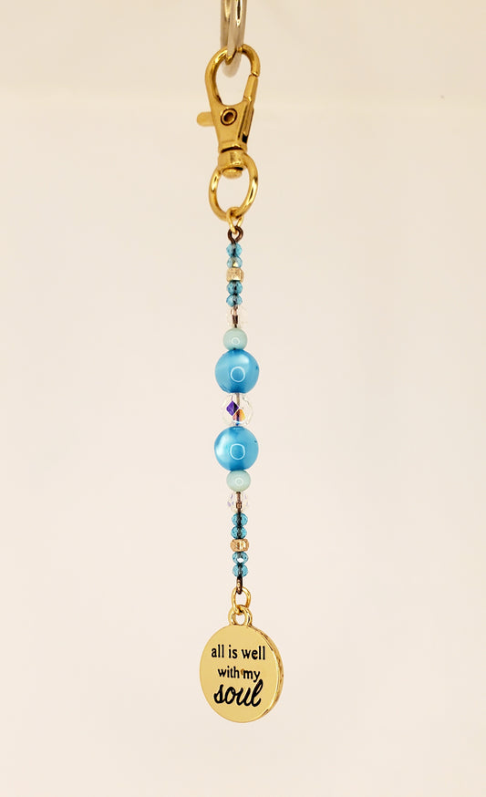 Doodad #222- Aqua Cat Eye, Teal Clay, Blue, Crystal Clear Rainbow Glass, Gold Accents with Gold "All Is Well With My Soul" Trinket