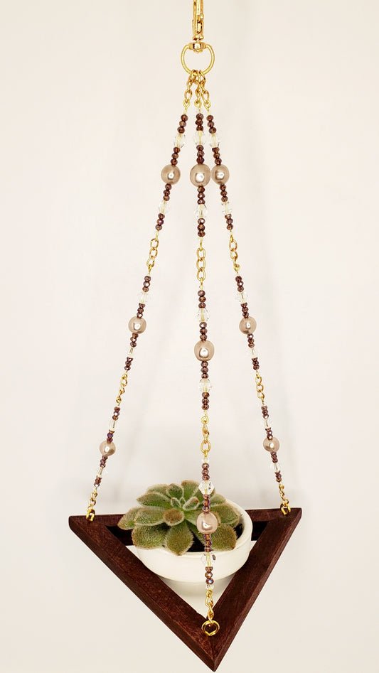 Miniature Plant Hanger #342- Maroon, Mauve, Clear Glass, Chain, Wood, Acrylic