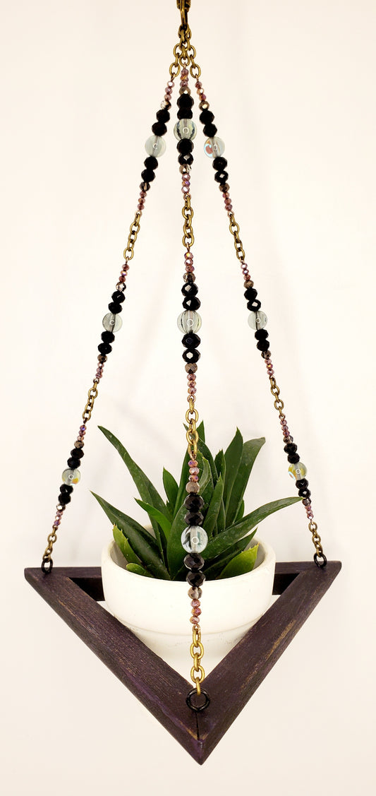 Miniature Plant Hanger #344- Black, Maroon, Mirrored Gem, Gray Moonstone Magic Glass, Wood, Chain